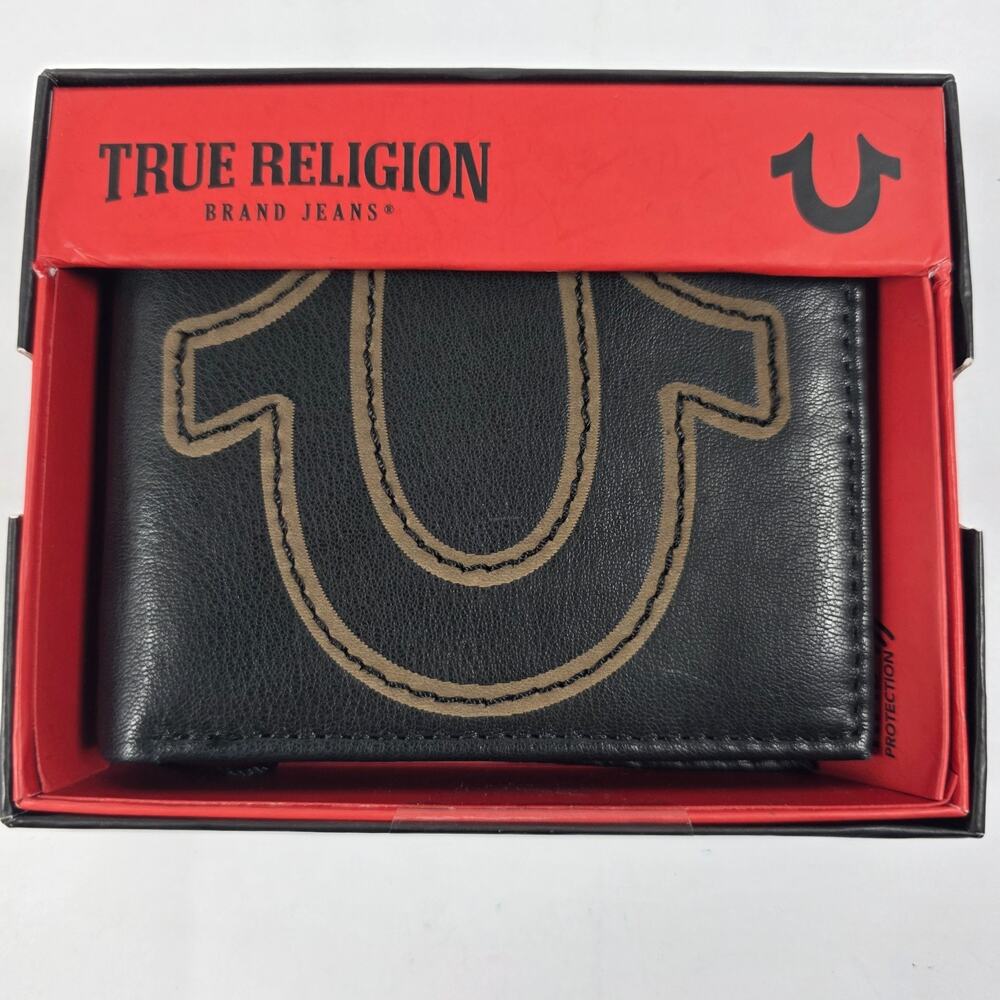 TRUE RELIGION Black Leather Bifold Wallet Tan Logo Boxed RFID Gift for Men NWT